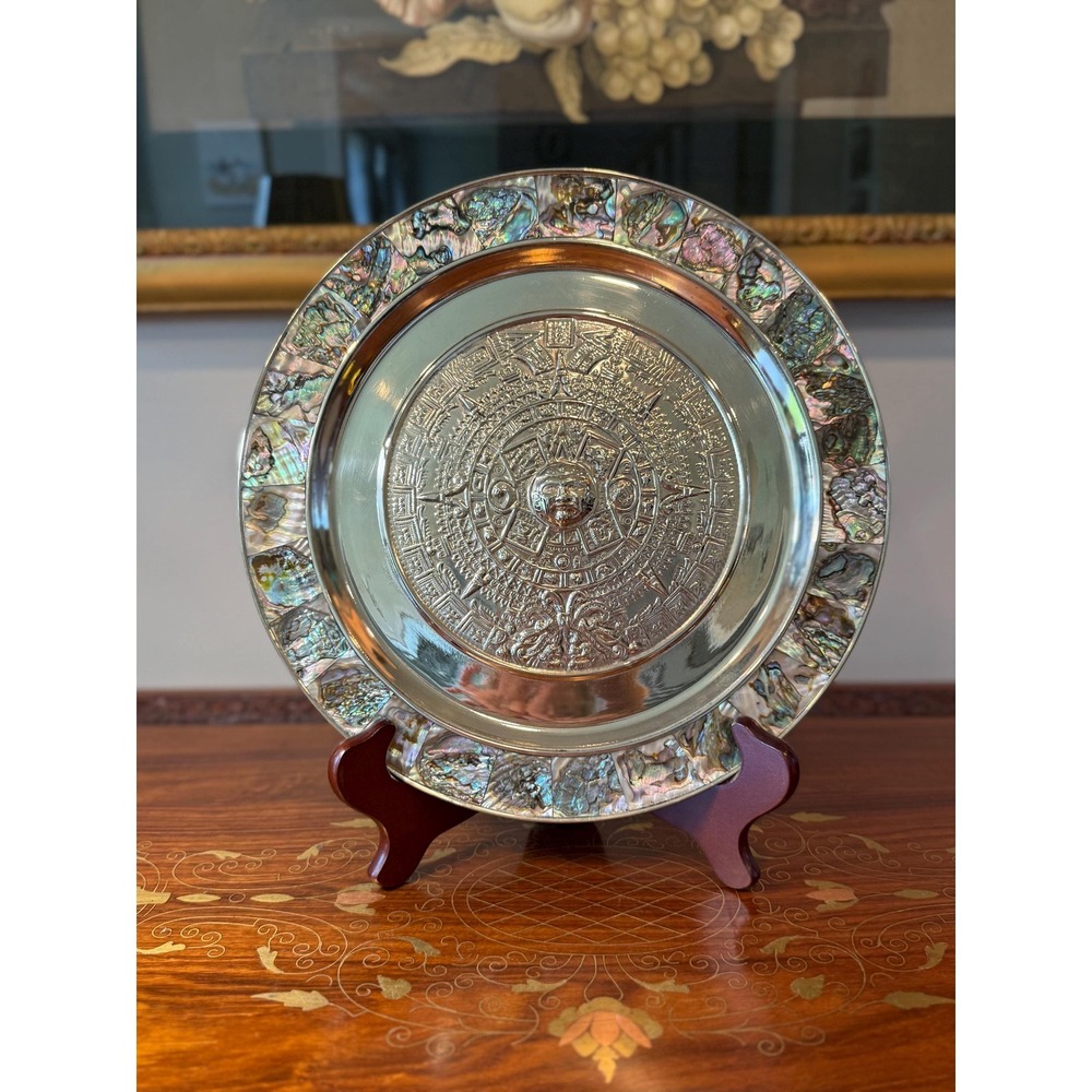Vintage Aztec Calendar Wall Plate - Alpaca Mexico Silver with Abalone‎ Inlay